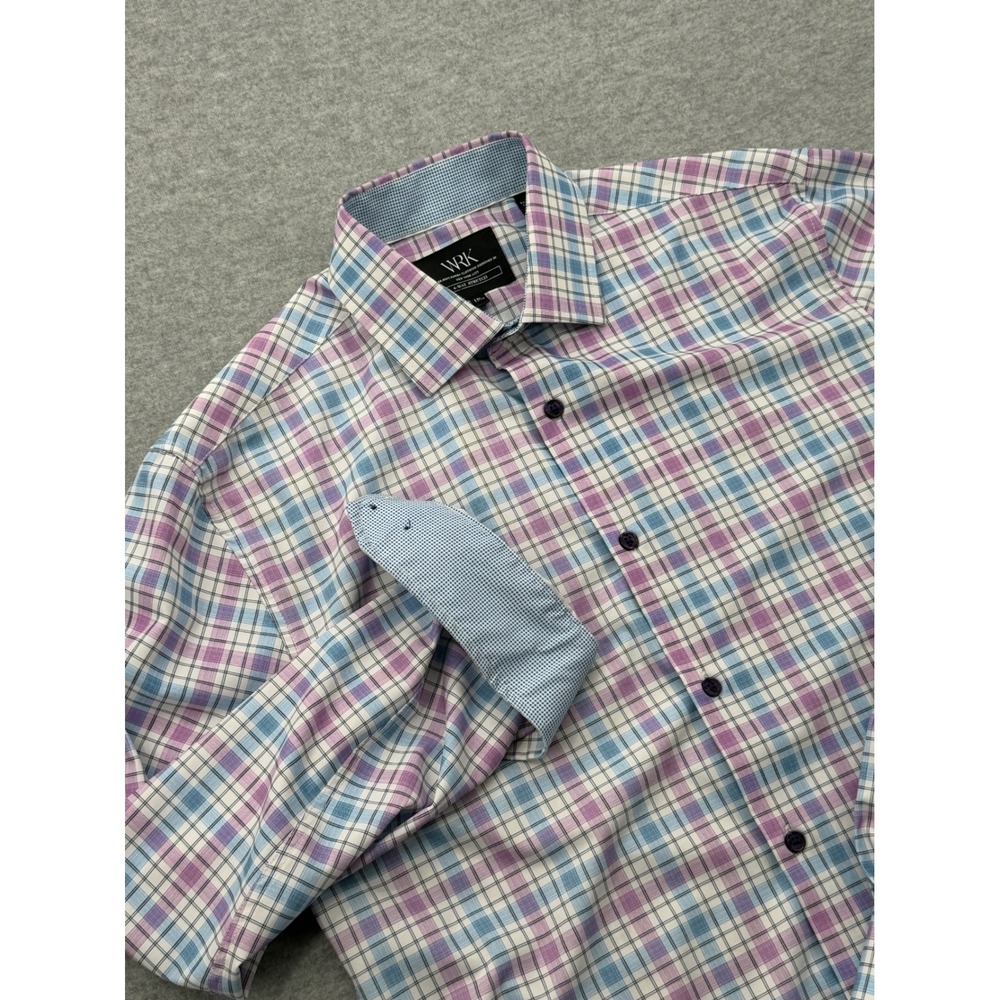 WRK Mens 15.5 Purple Pink Blue Plaid 4-Way Stretch Long Sleeve Button Down